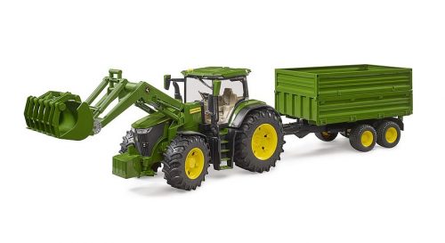 Bruder John Deere 7R 350 homlokrakodóval és tandemtengelyes szállító pótkocsival (03155)