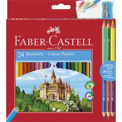 Színes ceruza FABER-CASTELL hatszögletű 24 db/készlet+ 3 db kétvégű színes ceruza (110324)