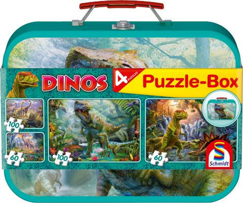 Schmidt puzzle Dinoszauruszok 2x60, 2x100 db, Puzzle Box - Fém kofferben (56495) Dinos, Puzzle-Box / Dinosaurs, Puzzle Box, 2x60, 2x100 db