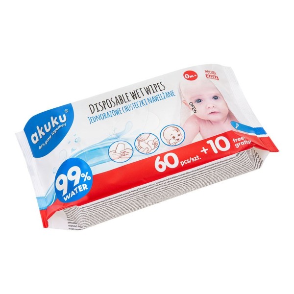 Akuku nedves baba törlőkendő 99% vízzel 60 lap + 10 lap ingyen
